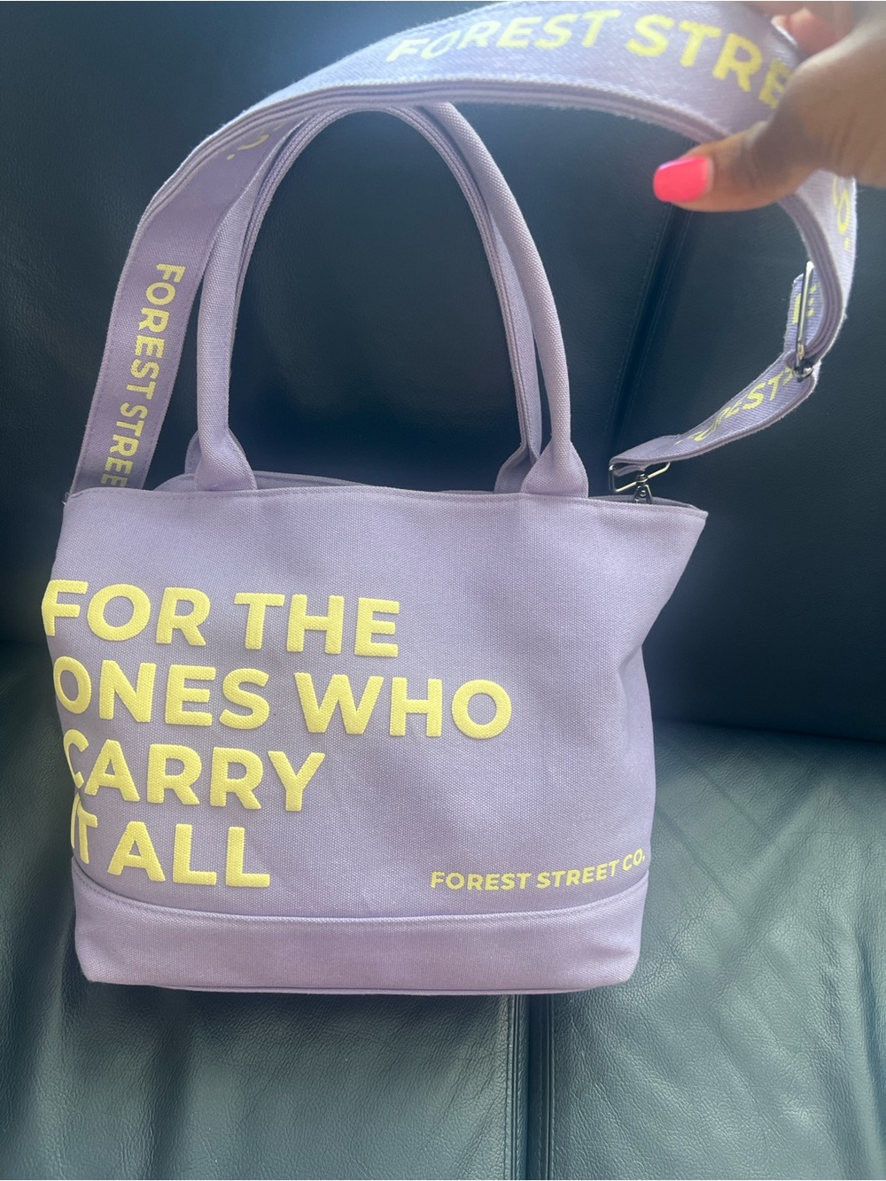 Forest Street Lavender Canvas Tote Bag with Yellow Lettering